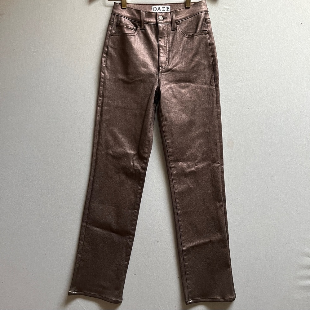 DAZE Denim Metallic Bronze Coated High Rise Straight Leg Jeans Size 26